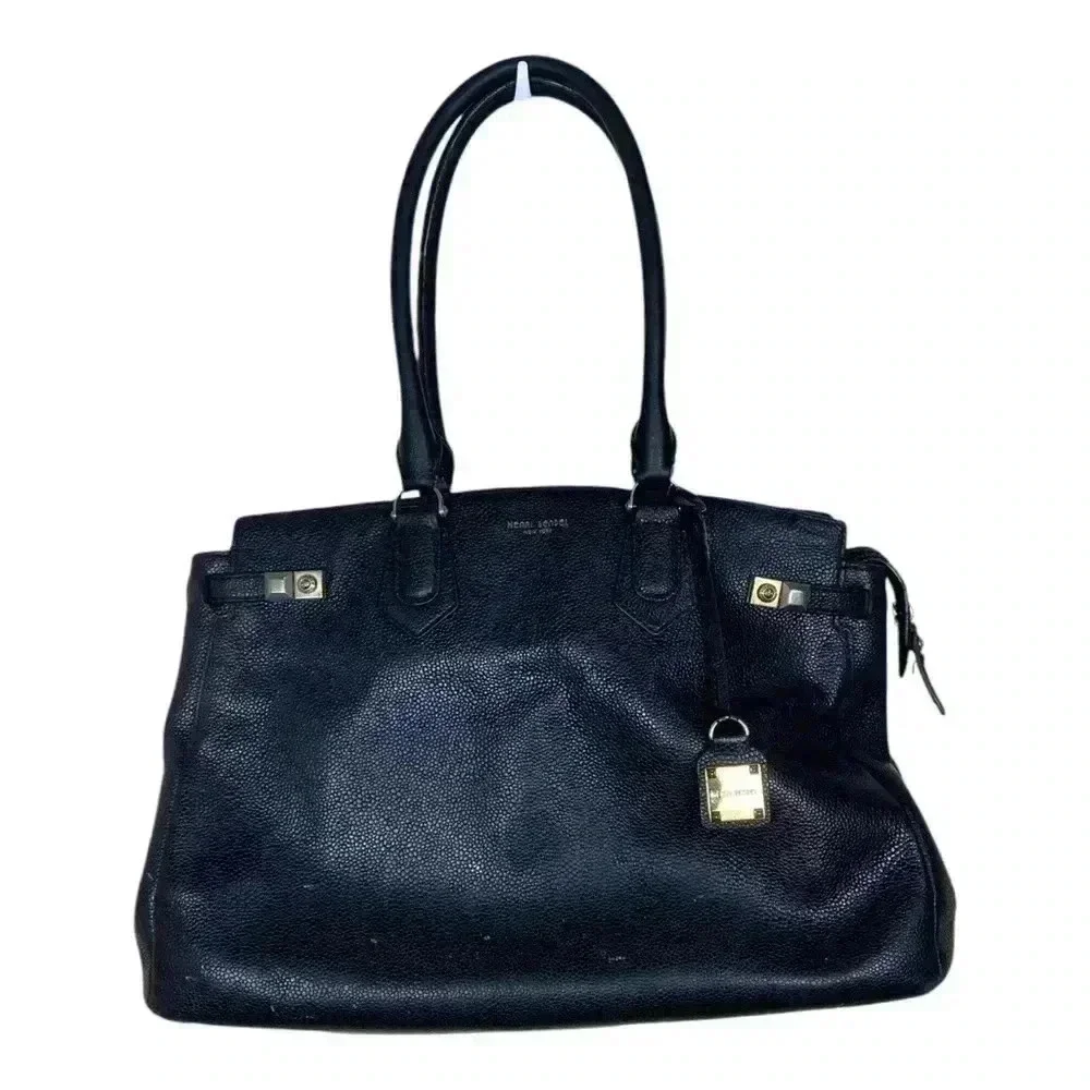 Henri Bendel Carlyle Tote Black Pebbled Leather Purse Shoulder Bag Purple Satin